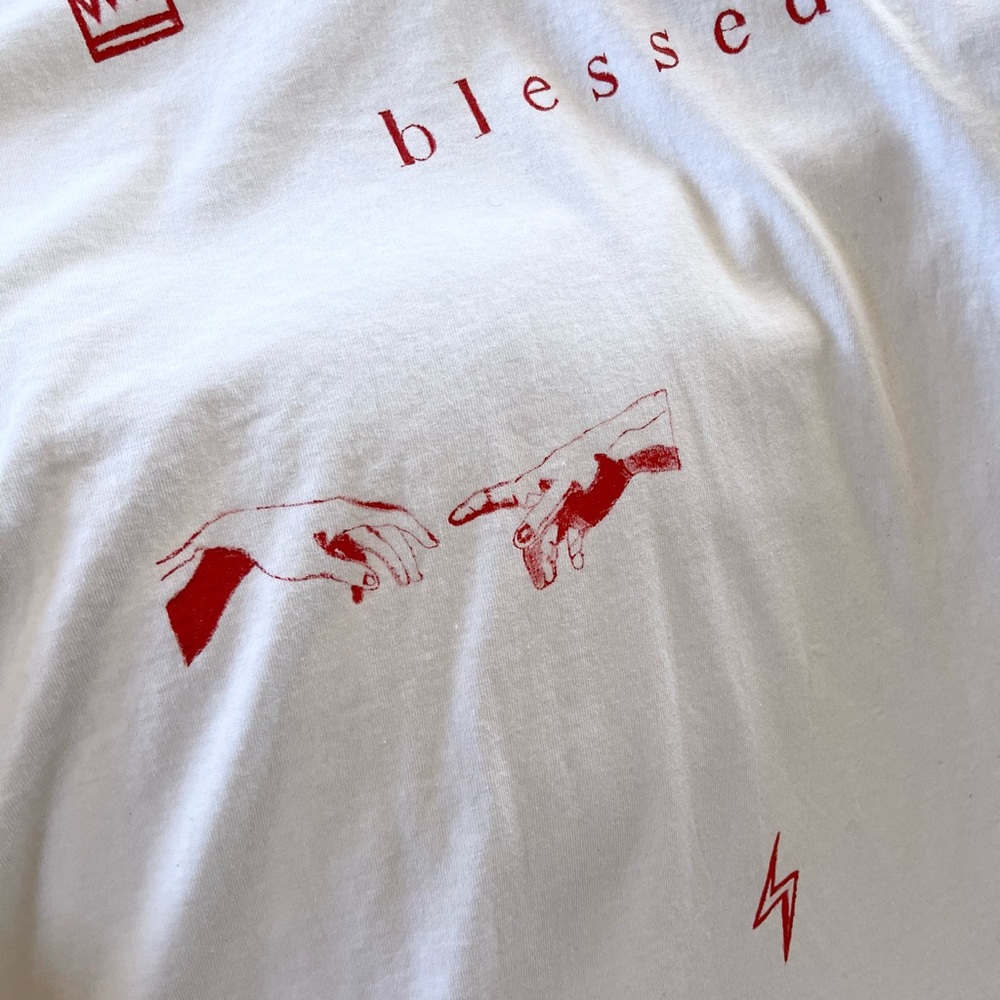 Hand-painted white and red Fine-Line Tee©️ by Atelier 3. One of one. NWOT